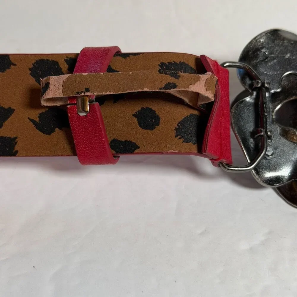 Betsey Johnson Red Waist Belt Large Flower Buckle Leopard Print Small 40